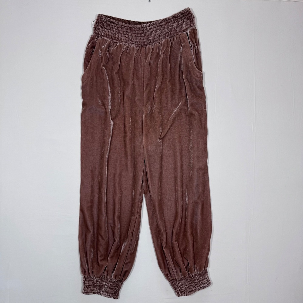 Anthropologie Gloria Velvet Jogger Pants Taupe Smocked Waist M Boho Athleisure - Picture 2 of 16